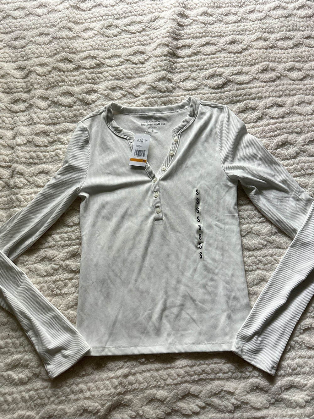 White Ribbed Henley Long Sleeve Top